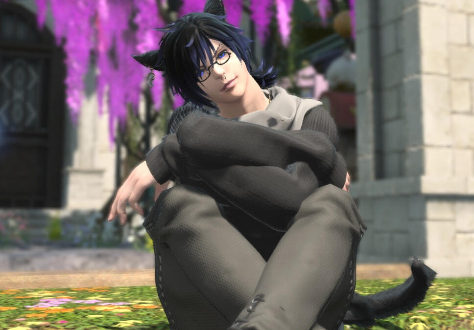 by QQ. Taking a break from writing on the lawn. He's to always ridiculously overdressed; that's mostly for visiting the publisher.